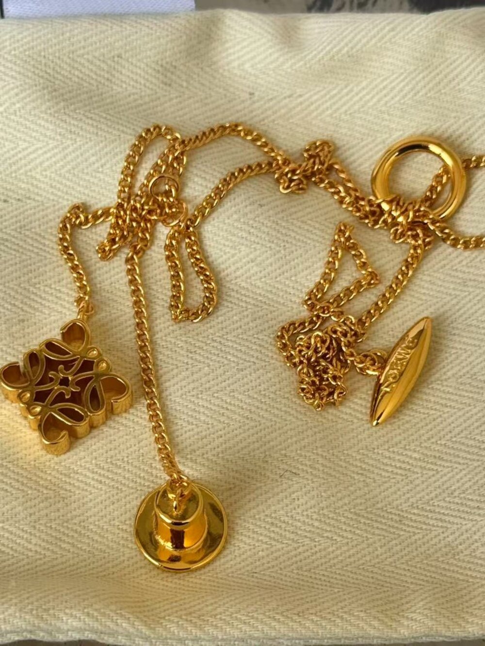 LOEWE Gold Tone Anagram Pendant Necklace Chain Minimalist Luxury - Picture 9 of 9